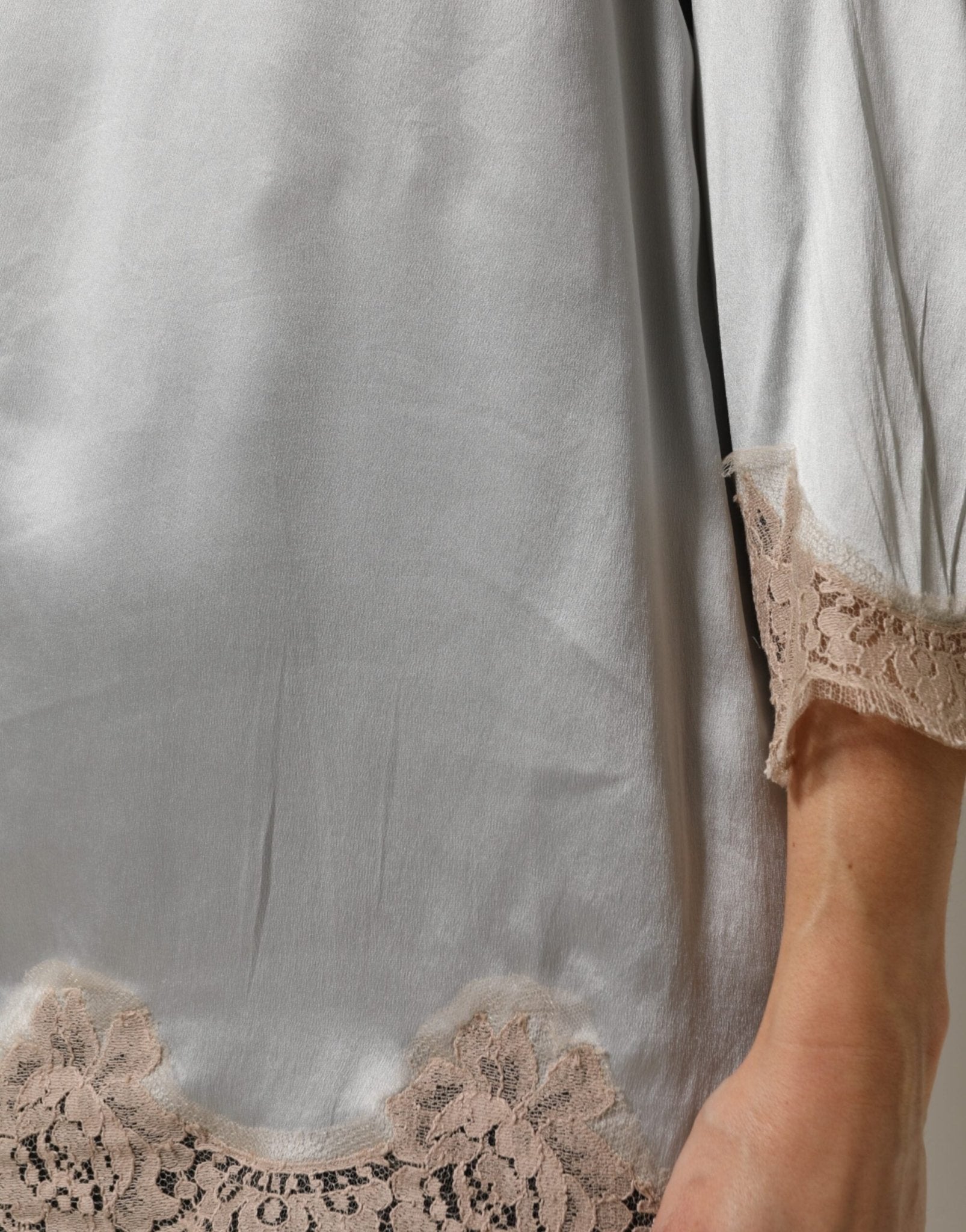 Dolce & Gabbana Gray Silk Satin Floral Lace Long Sleeve Top - RIMODA