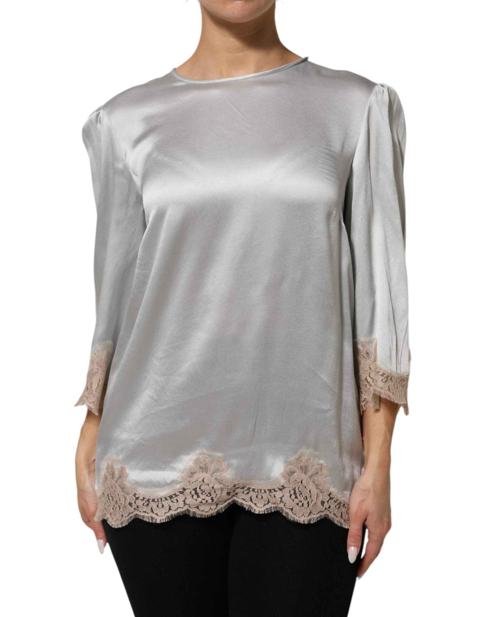 Dolce & Gabbana Gray Silk Satin Floral Lace Long Sleeve Top - RIMODA