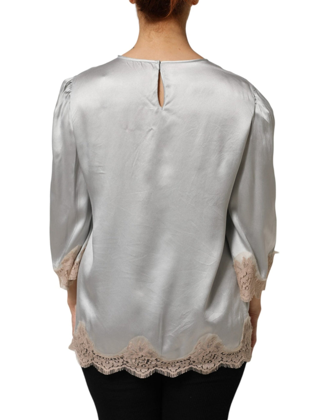 Dolce & Gabbana Gray Silk Satin Floral Lace Long Sleeve Top - RIMODA