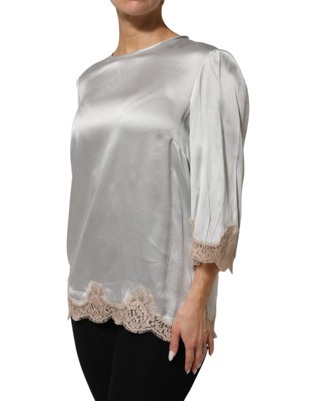 Dolce & Gabbana Gray Silk Satin Floral Lace Long Sleeve Top - RIMODA