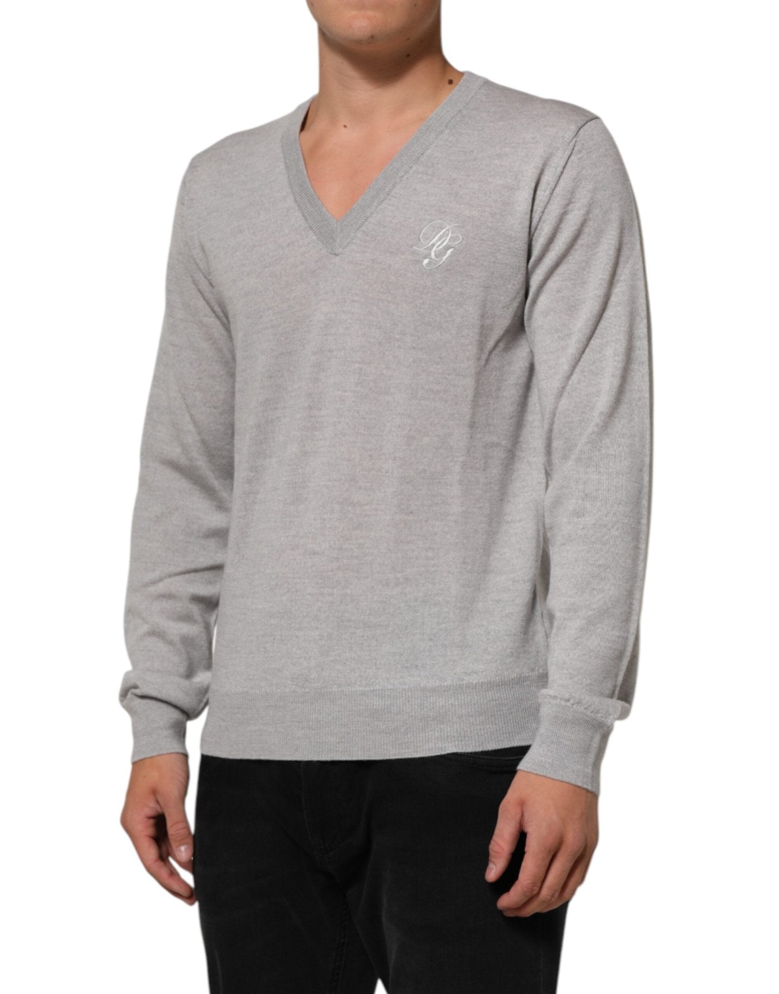 Dolce & Gabbana Gray Wool Knit Logo V-Neck Pullover Sweater - RIMODA