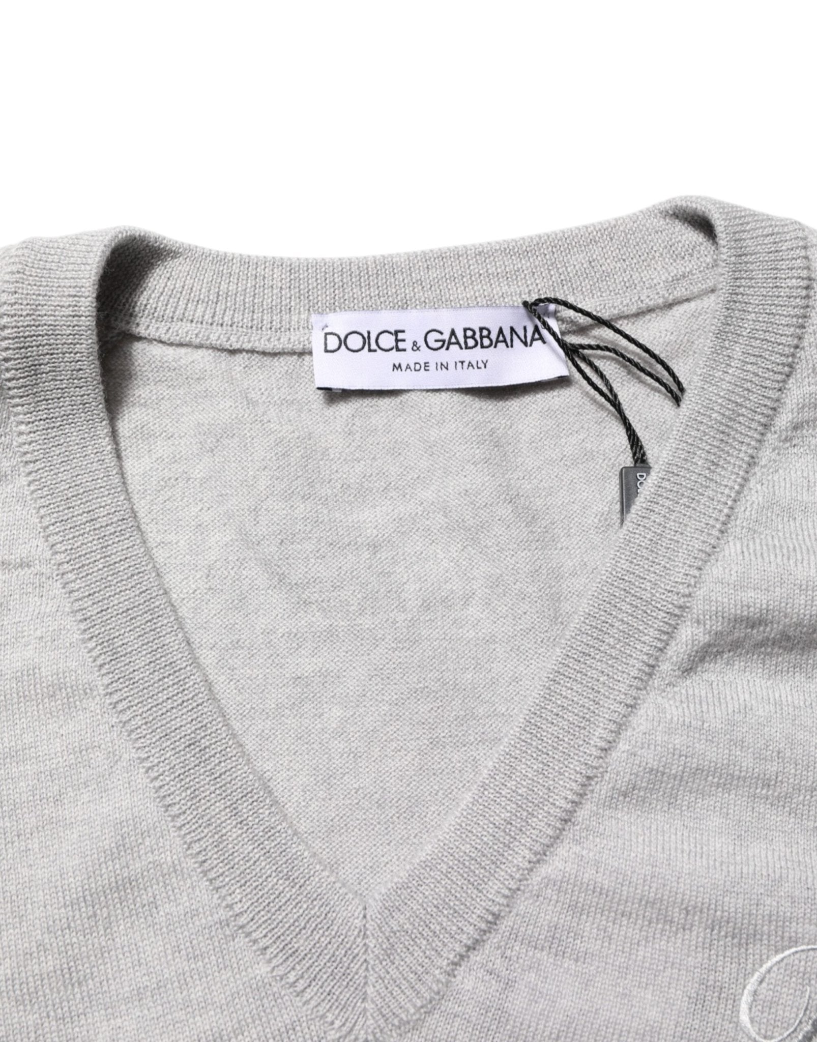 Dolce & Gabbana Gray Wool Knit Logo V-Neck Pullover Sweater - RIMODA