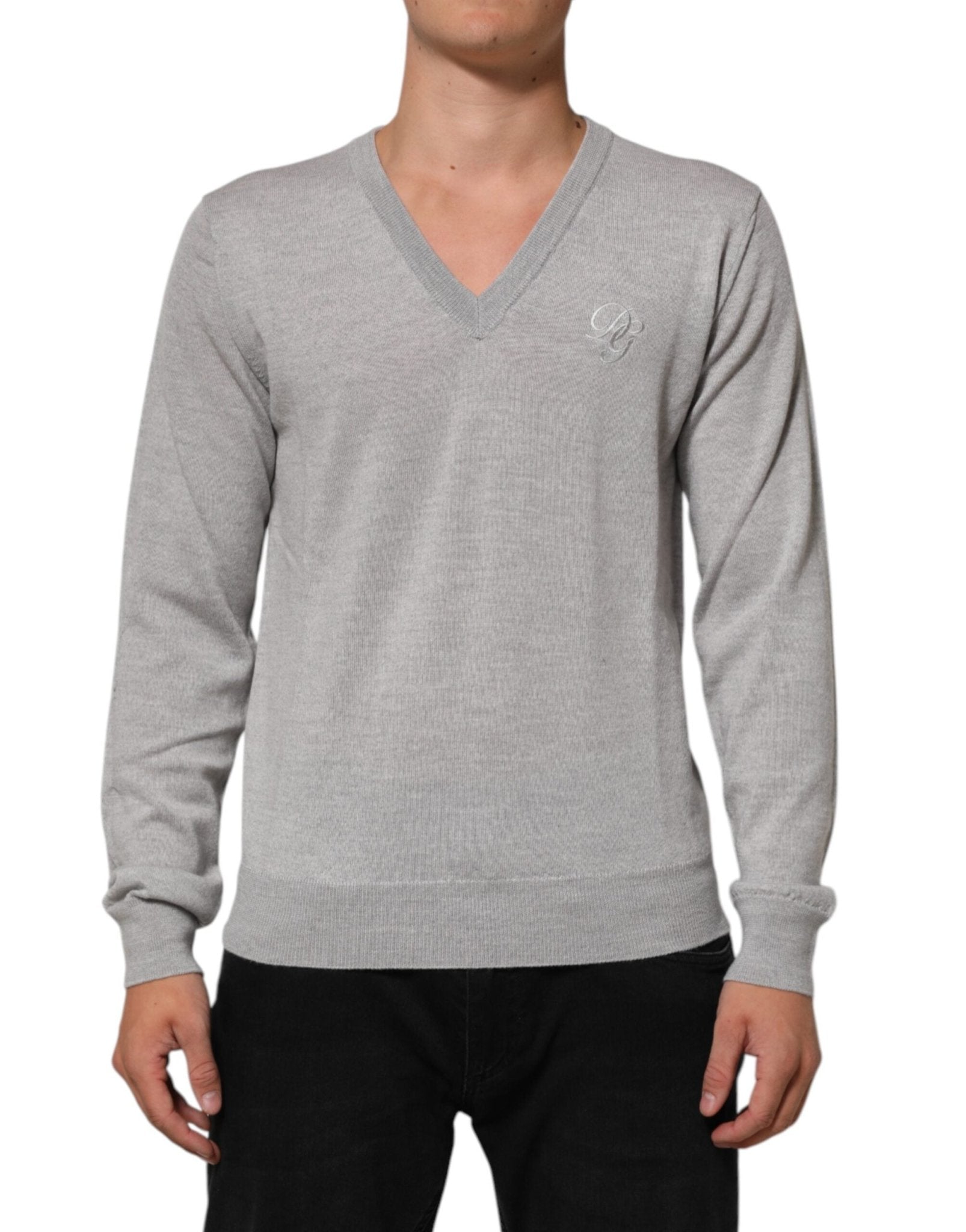 Dolce & Gabbana Gray Wool Knit Logo V-Neck Pullover Sweater - RIMODA