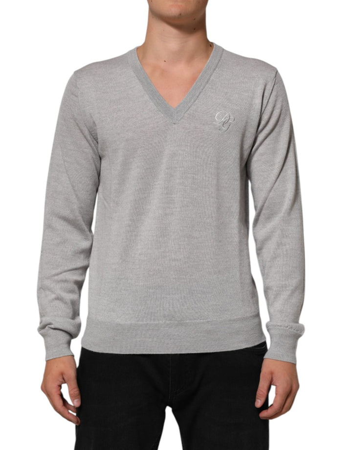 Dolce & Gabbana Gray Wool Knit Logo V-Neck Pullover Sweater - RIMODA