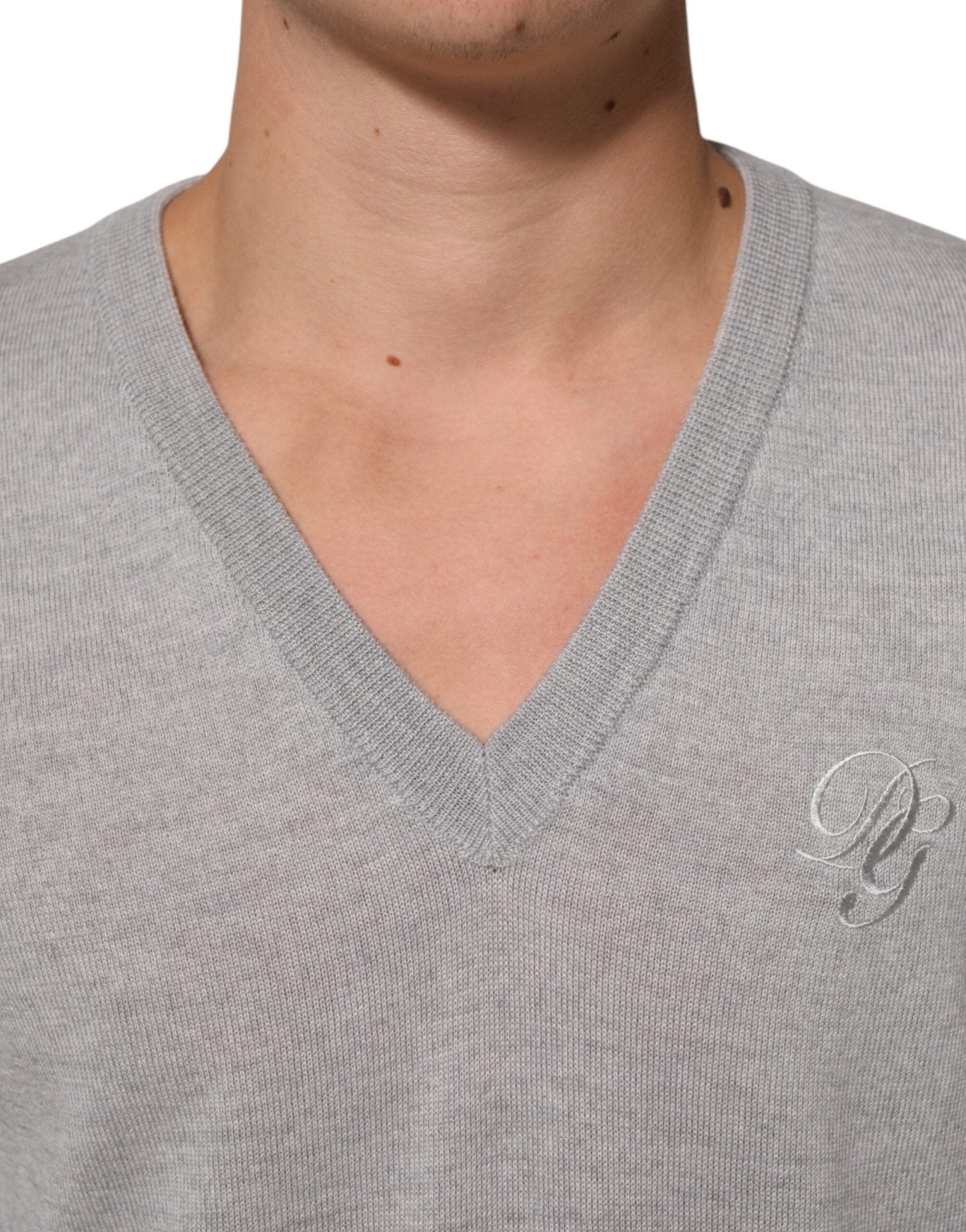 Dolce & Gabbana Gray Wool Knit Logo V-Neck Pullover Sweater - RIMODA