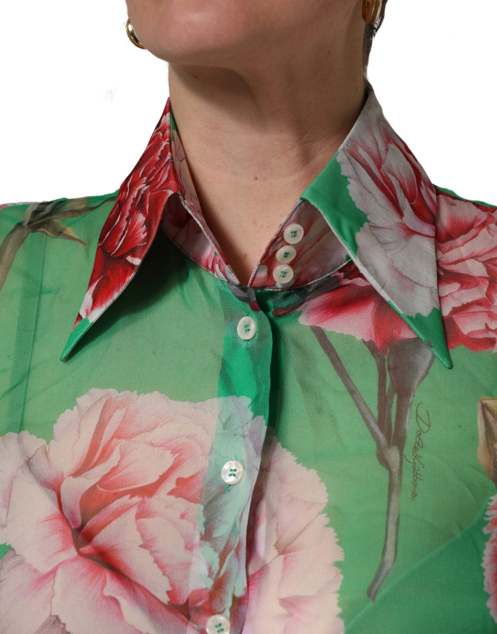 Dolce & Gabbana Green CarnationPrint Silk Collared Blouse Top - RIMODA
