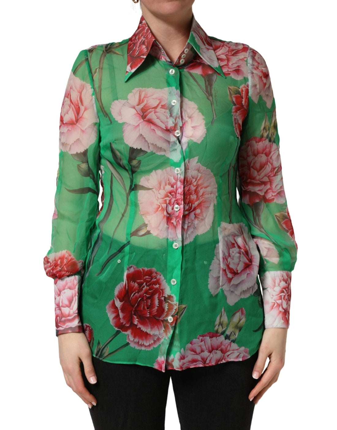 Dolce & Gabbana Green CarnationPrint Silk Collared Blouse Top - RIMODA
