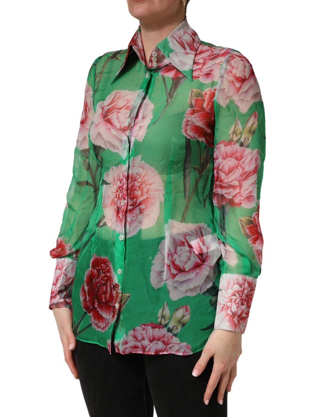 Dolce & Gabbana Green CarnationPrint Silk Collared Blouse Top - RIMODA