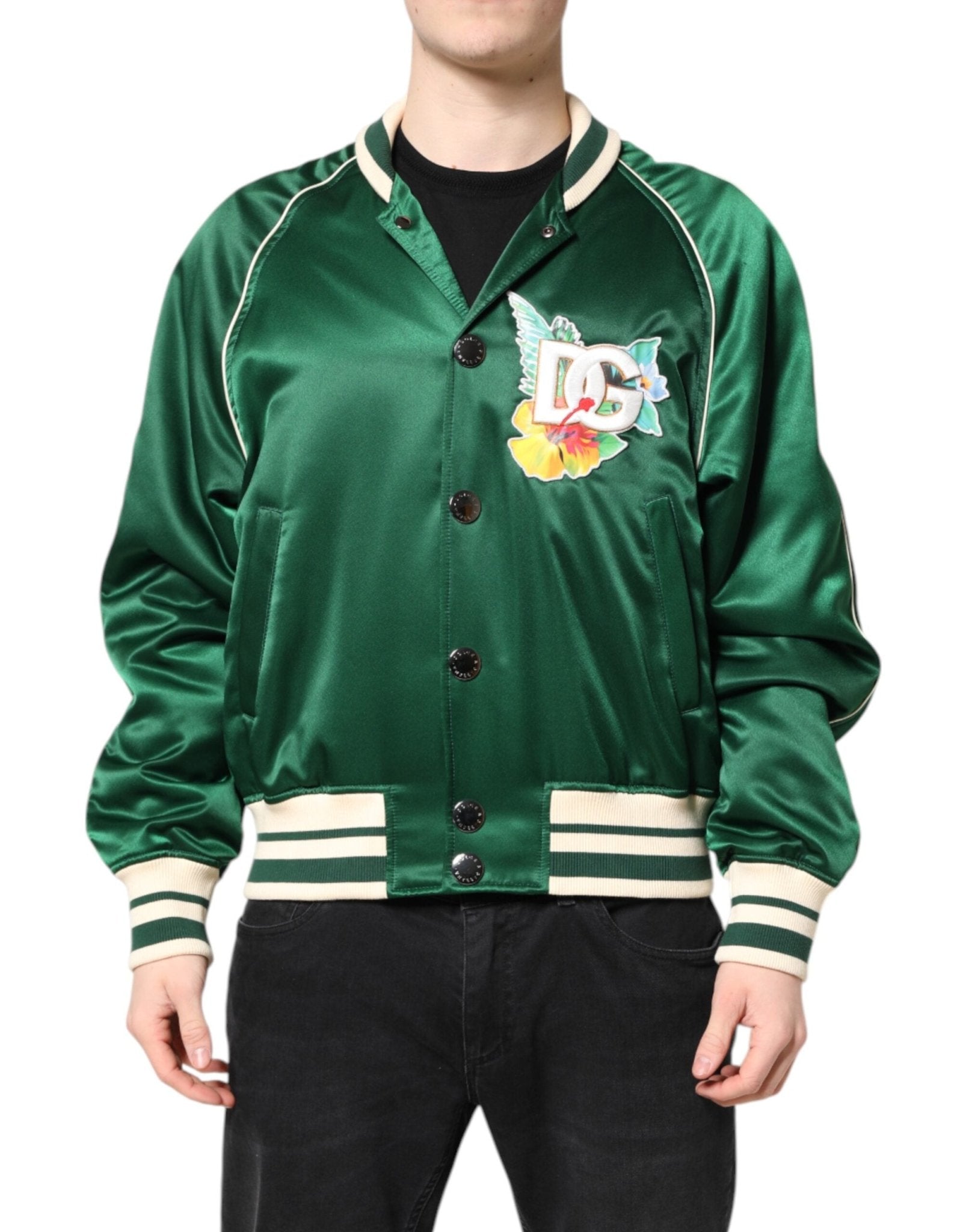 Dolce & Gabbana Green Floral DG Logo Full Zip Bomber Jacket - RIMODA