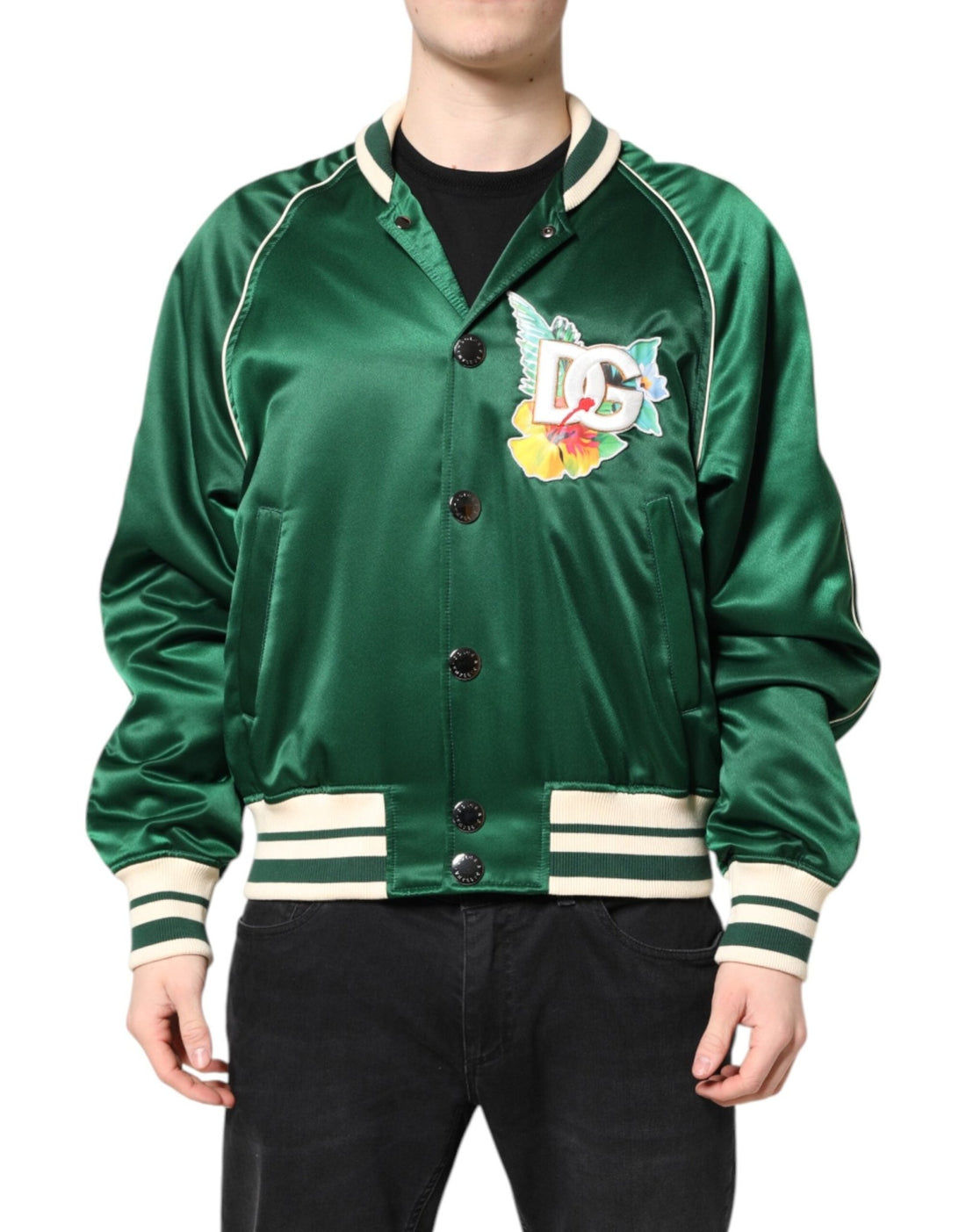 Dolce & Gabbana Green Floral DG Logo Full Zip Bomber Jacket - RIMODA