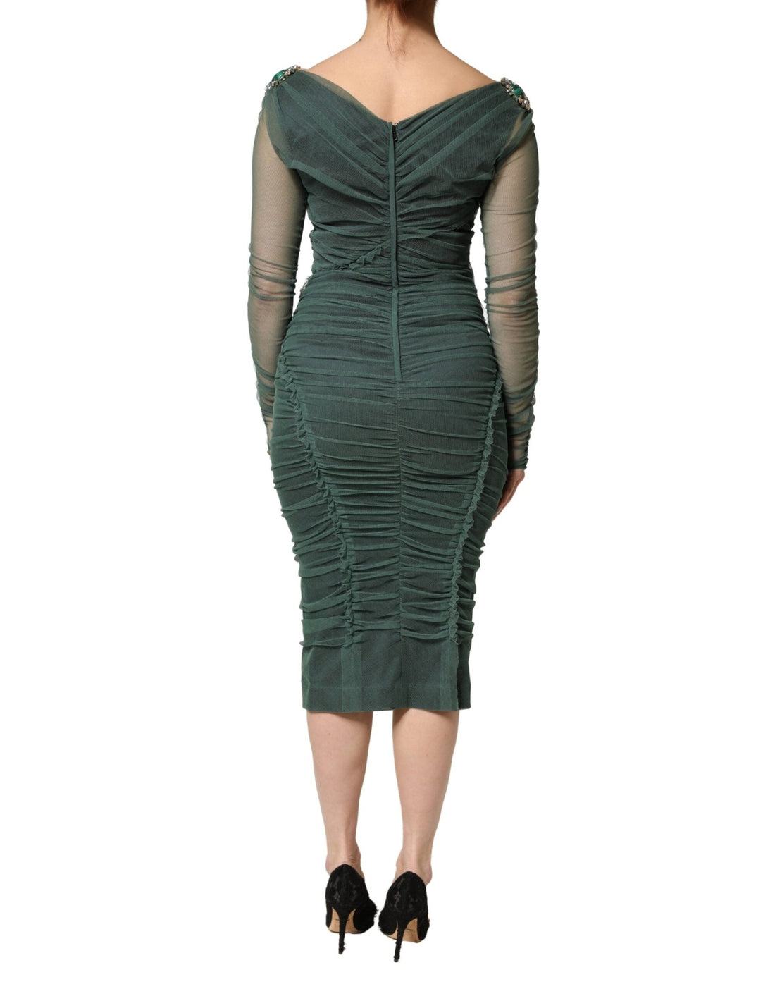 Dolce & Gabbana Green Ruched Mesh Sheer Sleeves Midi Dress - RIMODA