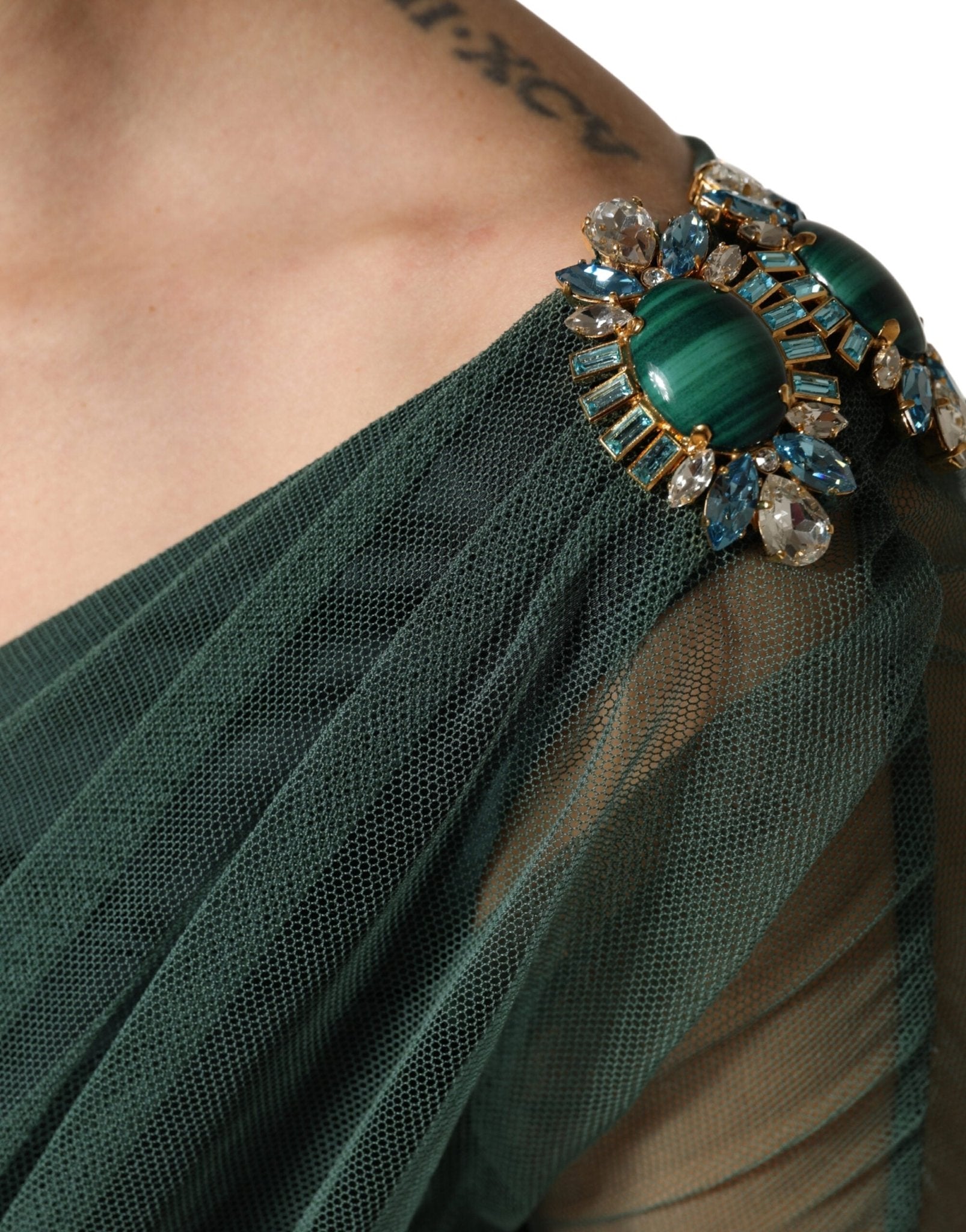 Dolce & Gabbana Green Ruched Mesh Sheer Sleeves Midi Dress - RIMODA