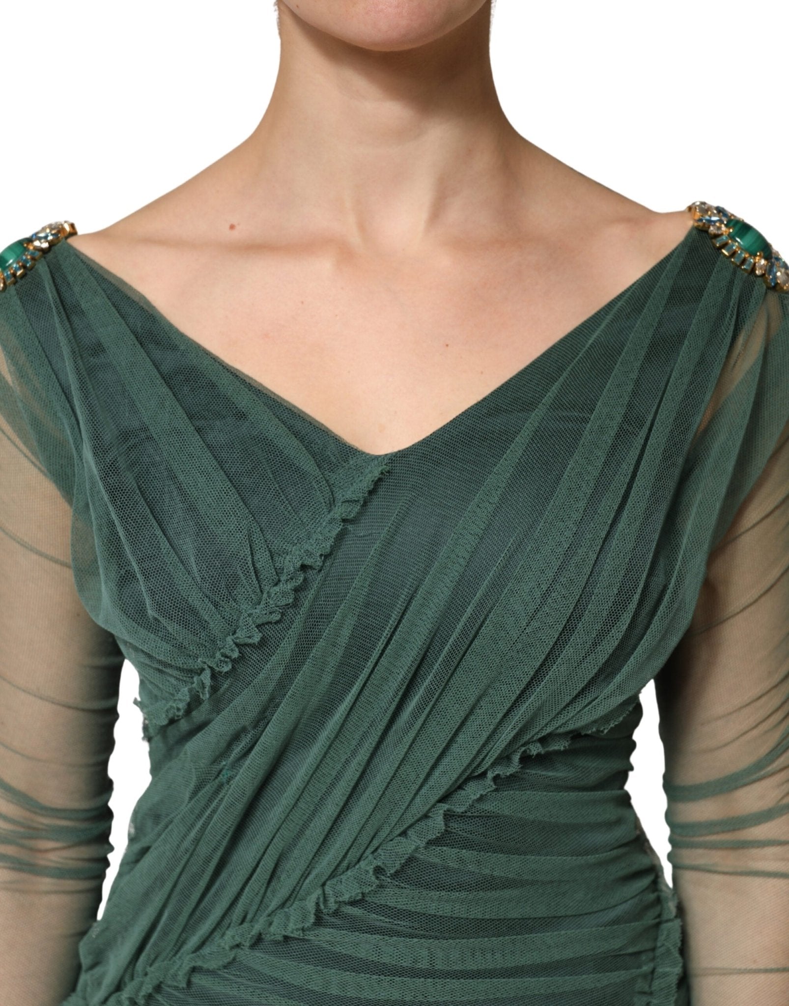 Dolce & Gabbana Green Ruched Mesh Sheer Sleeves Midi Dress - RIMODA