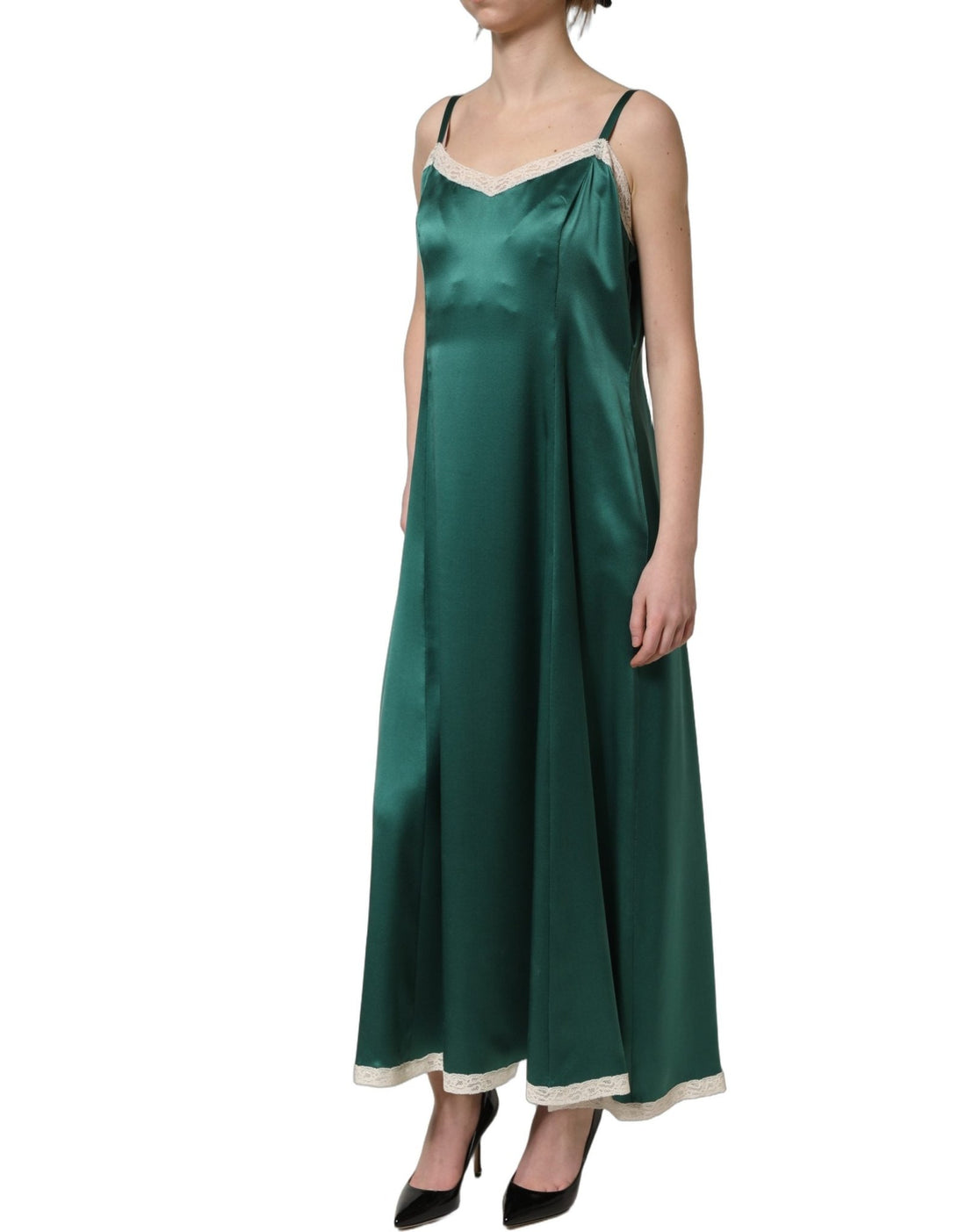 Dolce & Gabbana Green Satin Lace Trim Sleeveless Maxi Dress - RIMODA