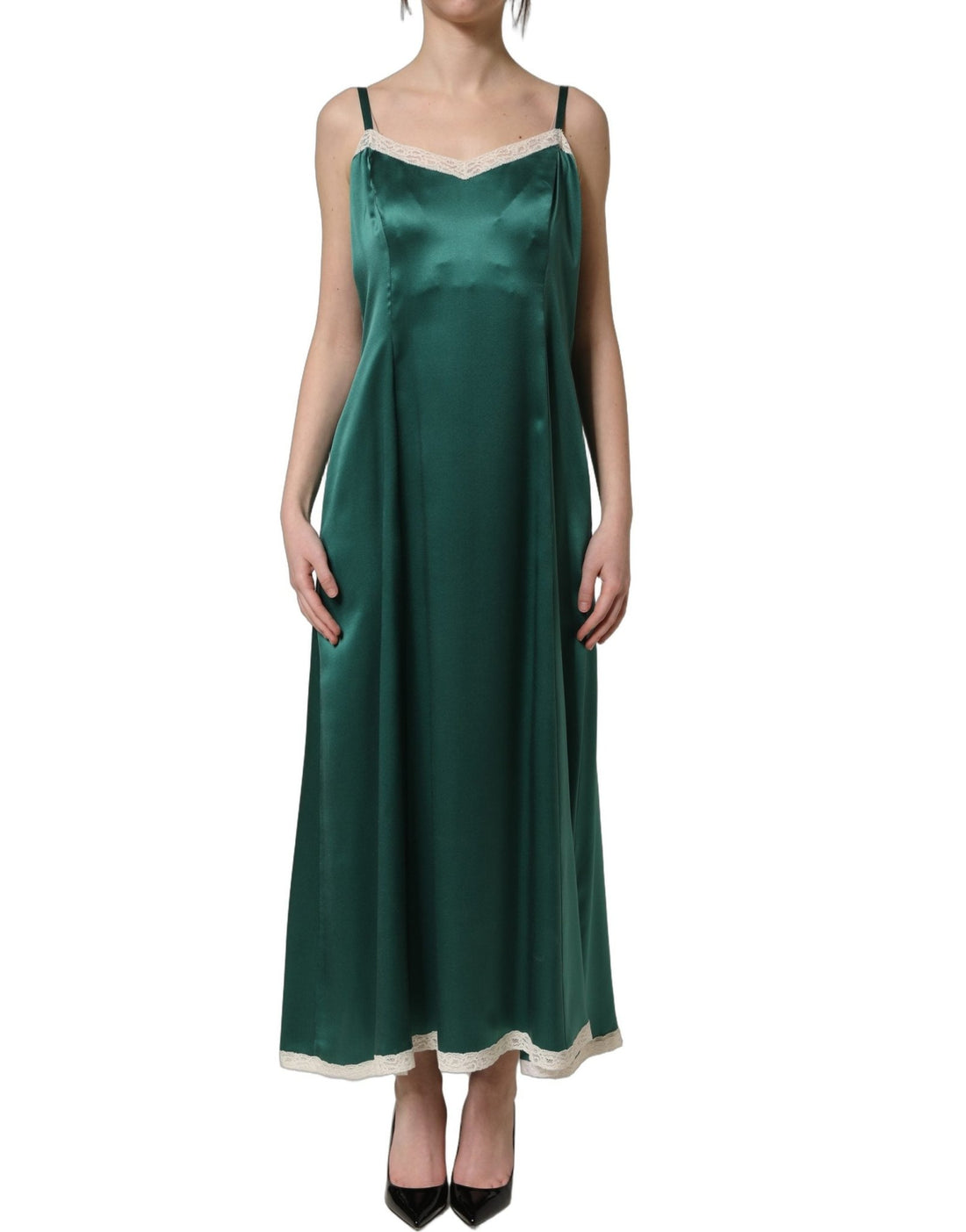 Dolce & Gabbana Green Satin Lace Trim Sleeveless Maxi Dress - RIMODA