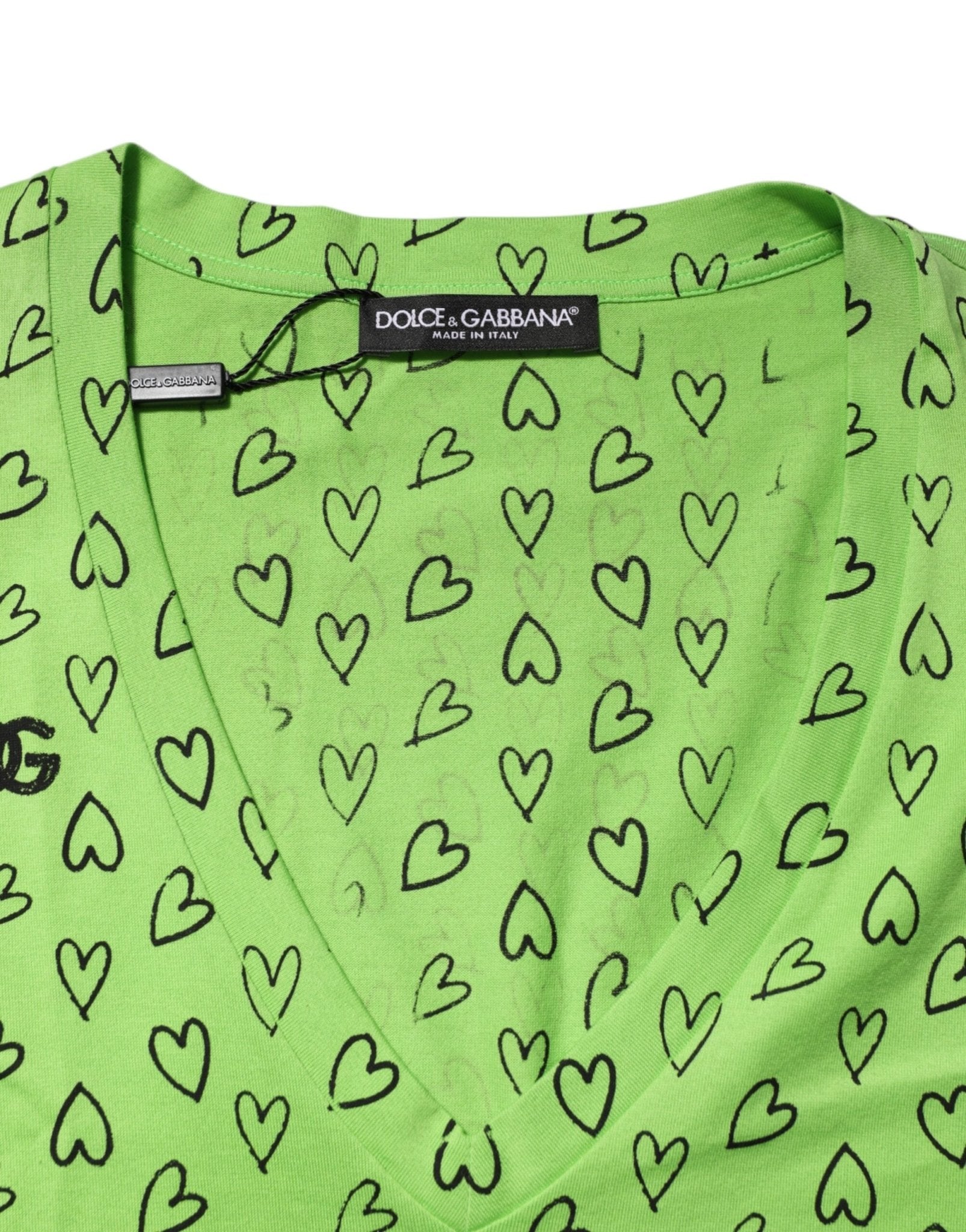 Dolce & Gabbana Green V-Neck DG Logo Heart Print T-shirt - RIMODA