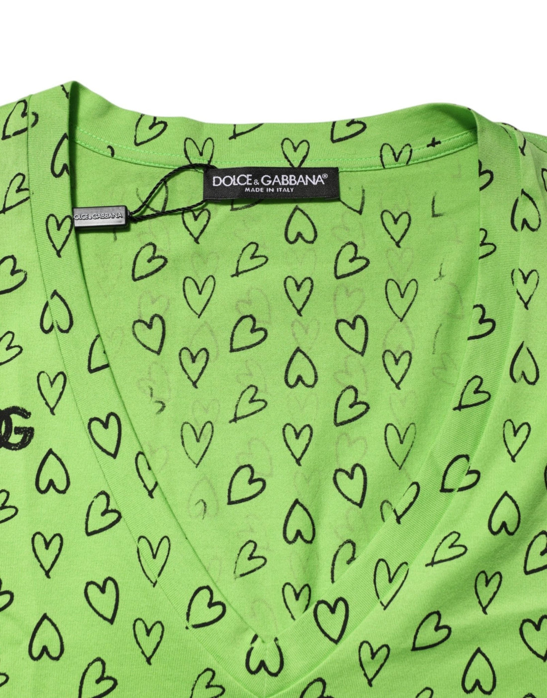 Dolce & Gabbana Green V-Neck DG Logo Heart Print T-shirt - RIMODA