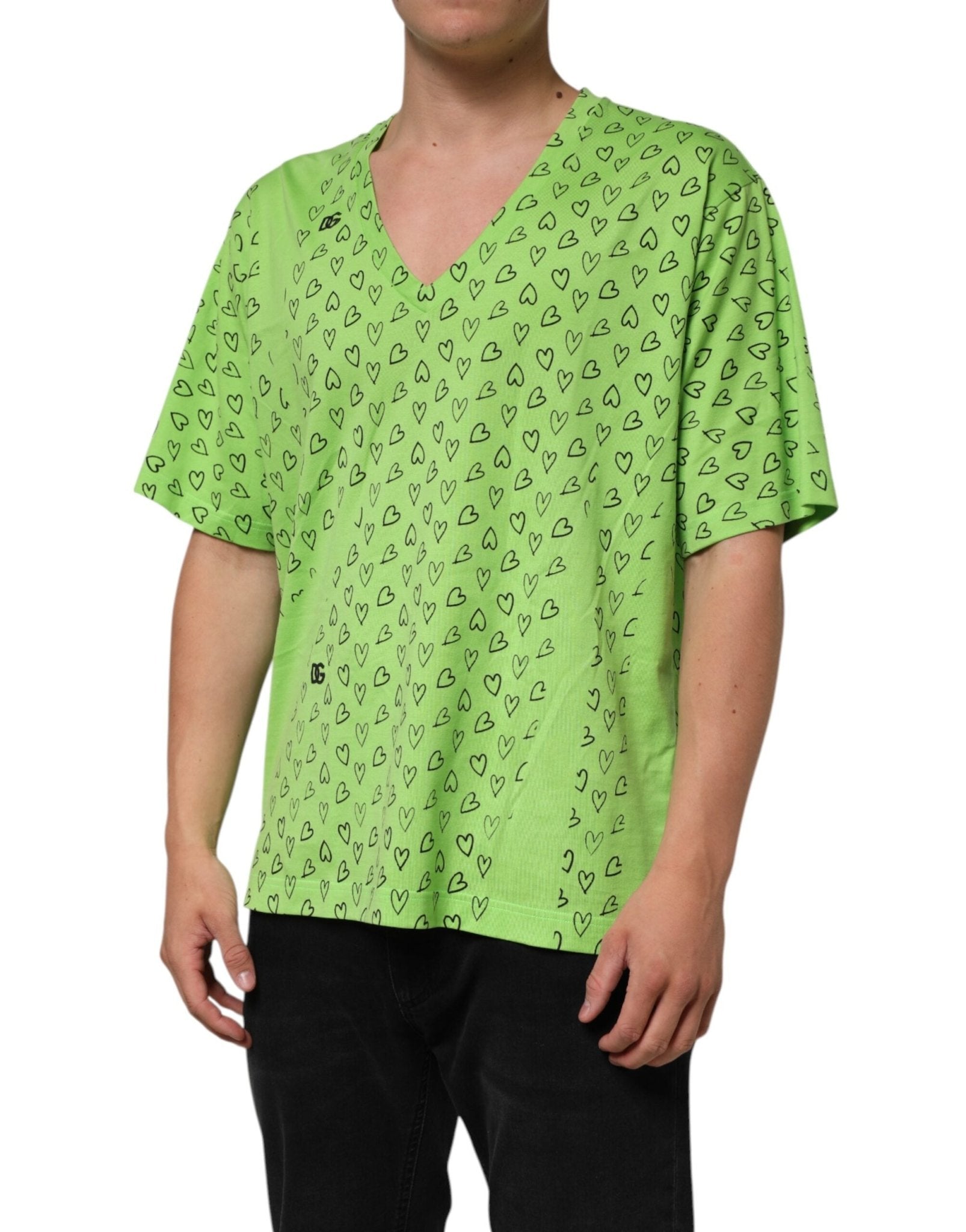 Dolce & Gabbana Green V-Neck DG Logo Heart Print T-shirt - RIMODA