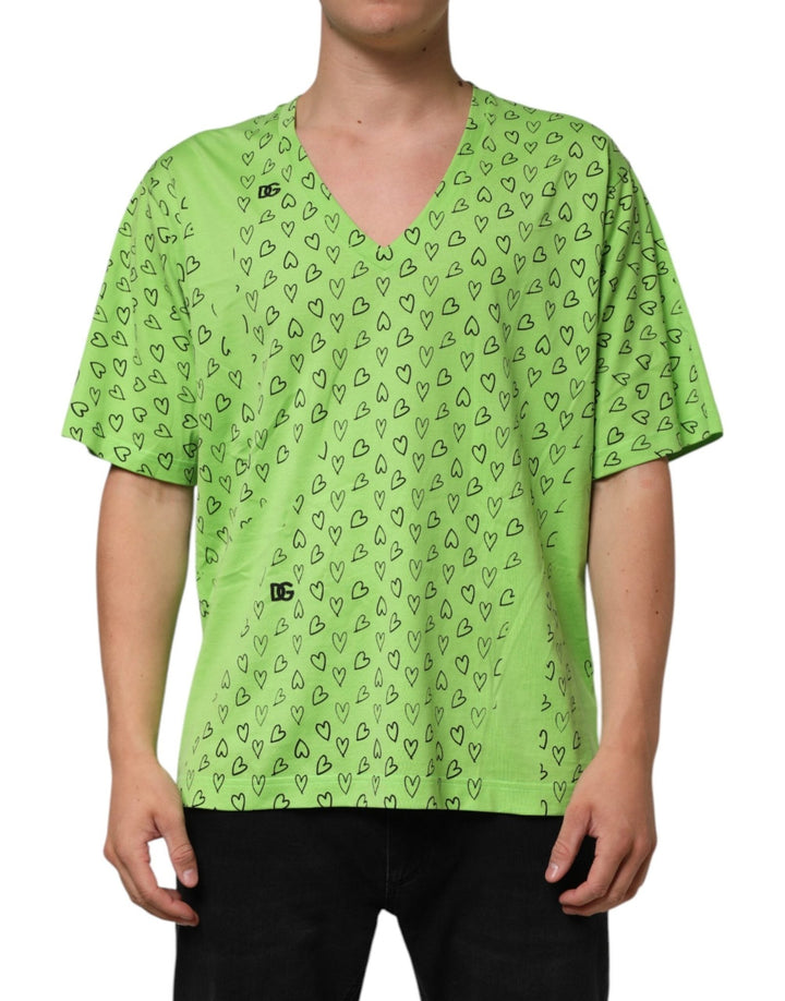 Dolce & Gabbana Green V-Neck DG Logo Heart Print T-shirt - RIMODA