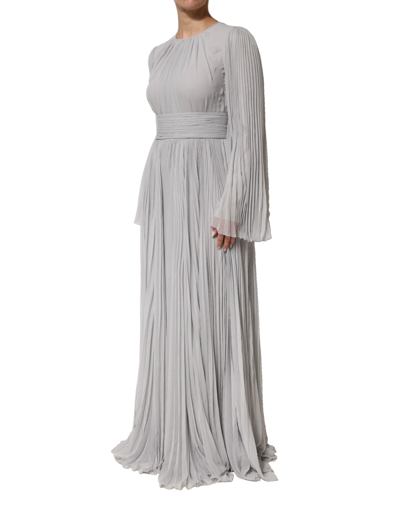 Dolce & Gabbana Grey Pleated Maxi Long Sleeve Silk Blend Gown Dress - RIMODA