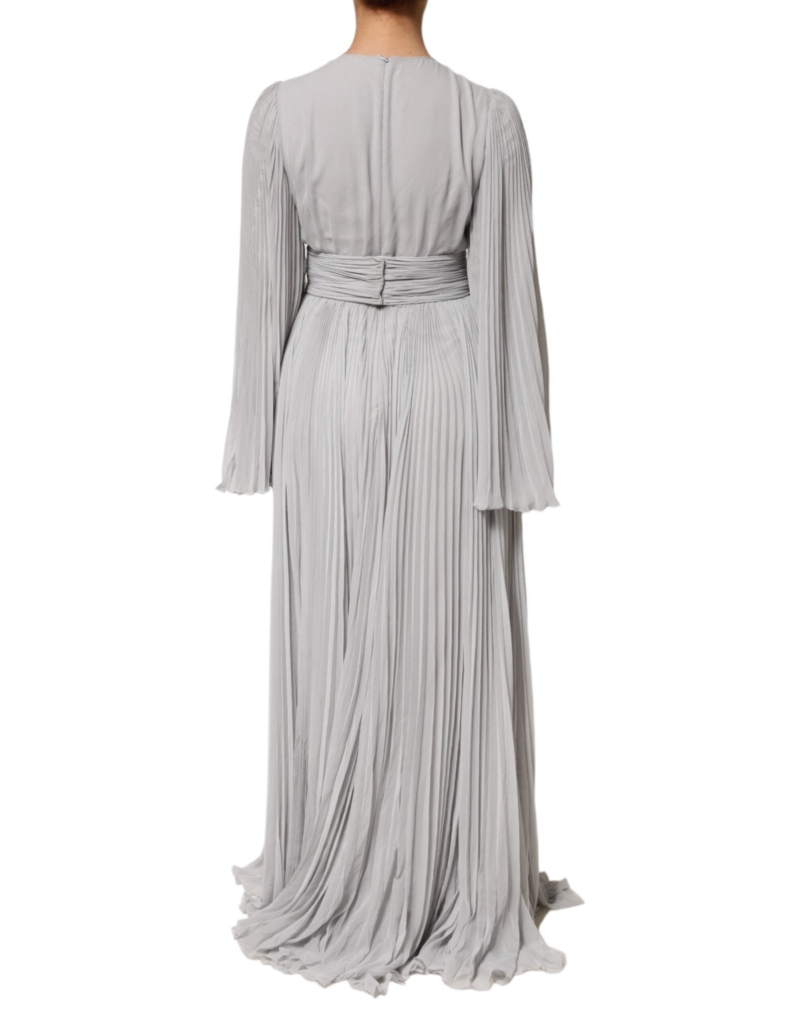Dolce & Gabbana Grey Pleated Maxi Long Sleeve Silk Blend Gown Dress - RIMODA