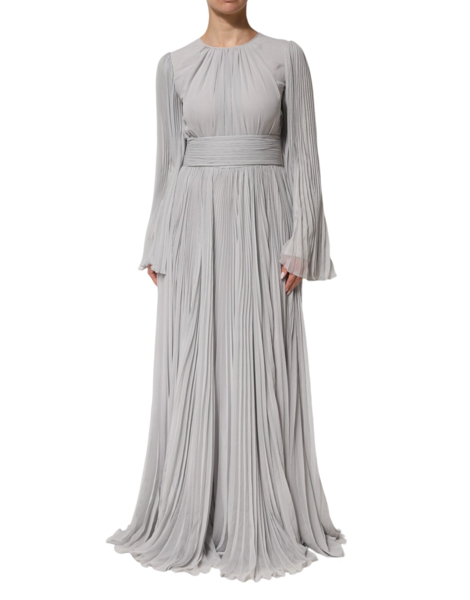 Dolce & Gabbana Grey Pleated Maxi Long Sleeve Silk Blend Gown Dress - RIMODA