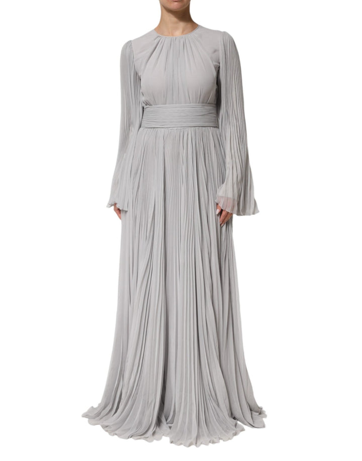 Dolce & Gabbana Grey Pleated Maxi Long Sleeve Silk Blend Gown Dress - RIMODA