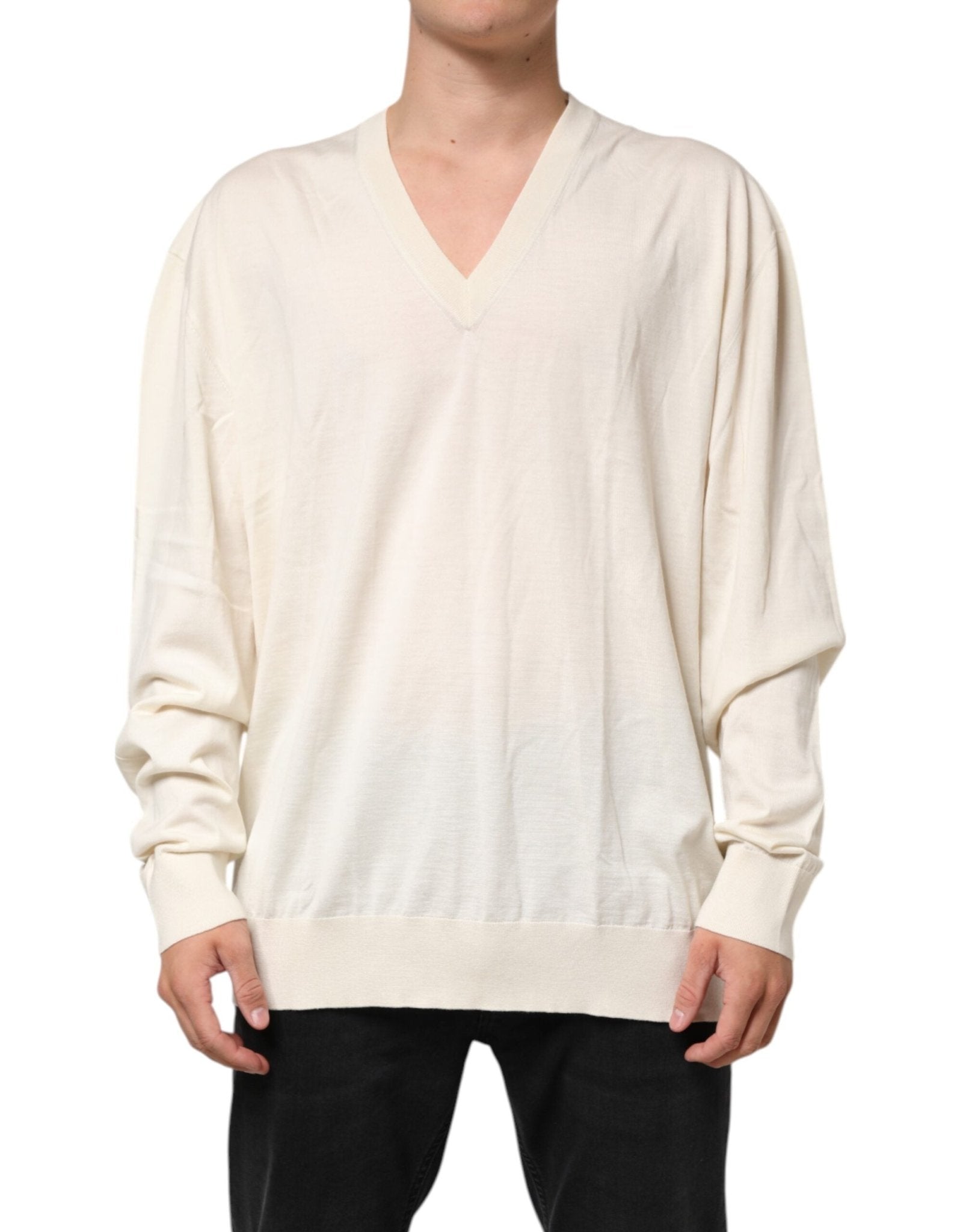 Dolce & Gabbana Ivory Virgin Wool Men V-Neck Knit Sweater - RIMODA