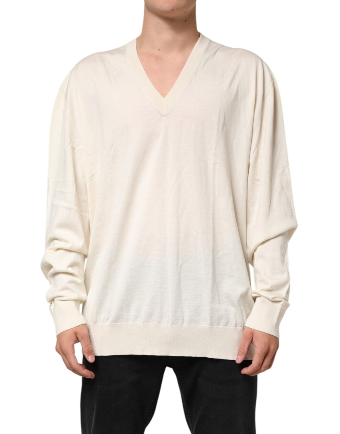 Dolce & Gabbana Ivory Virgin Wool Men V-Neck Knit Sweater - RIMODA