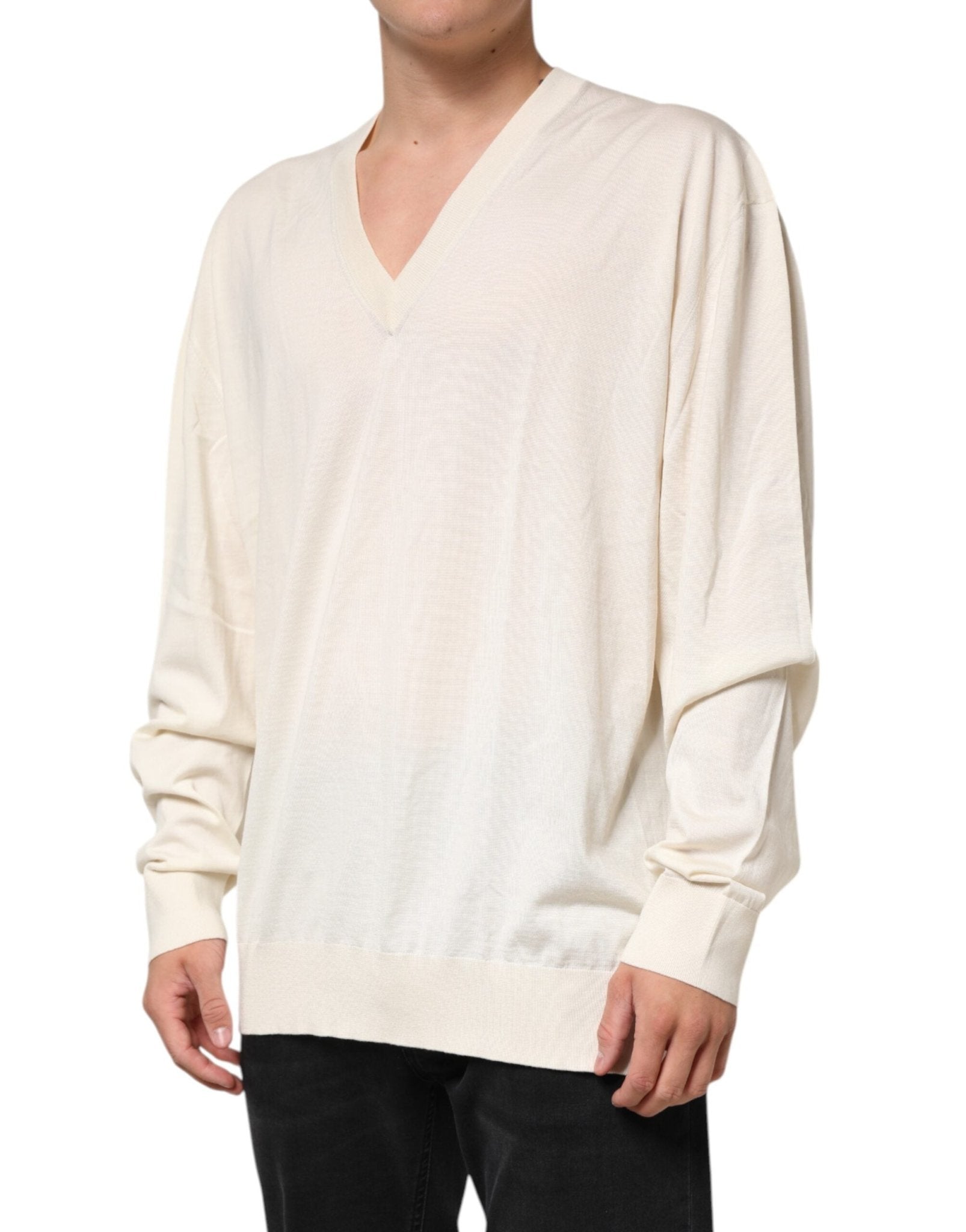 Dolce & Gabbana Ivory Virgin Wool Men V-Neck Knit Sweater - RIMODA