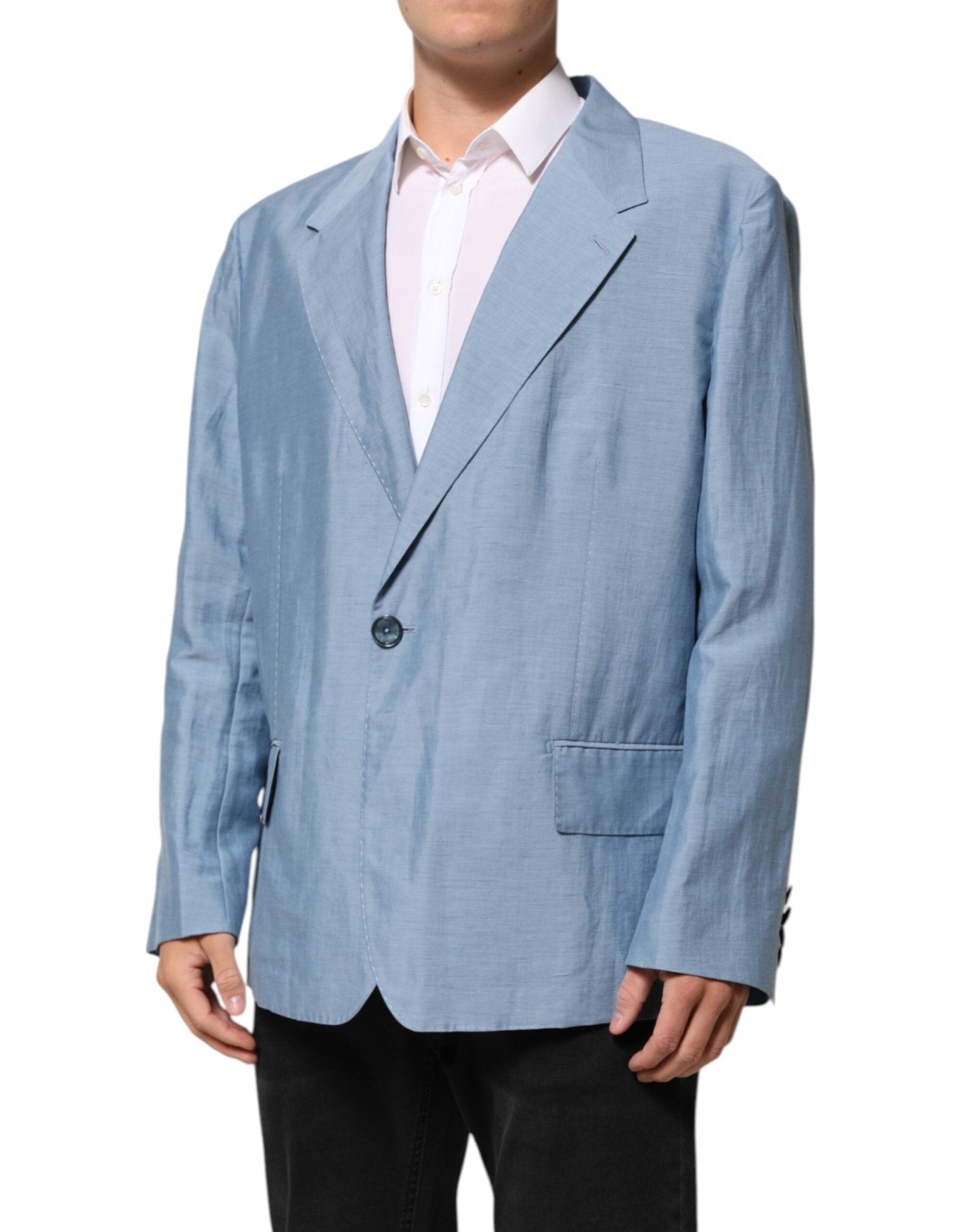 Dolce & Gabbana Light Blue Linen Double Breasted Men Jacket Blazer - RIMODA