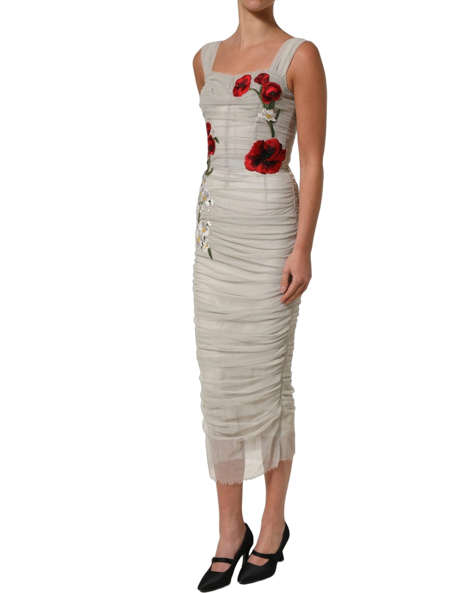 Dolce & Gabbana Light Gray Rose Embroidery Sheath Midi Dress - RIMODA