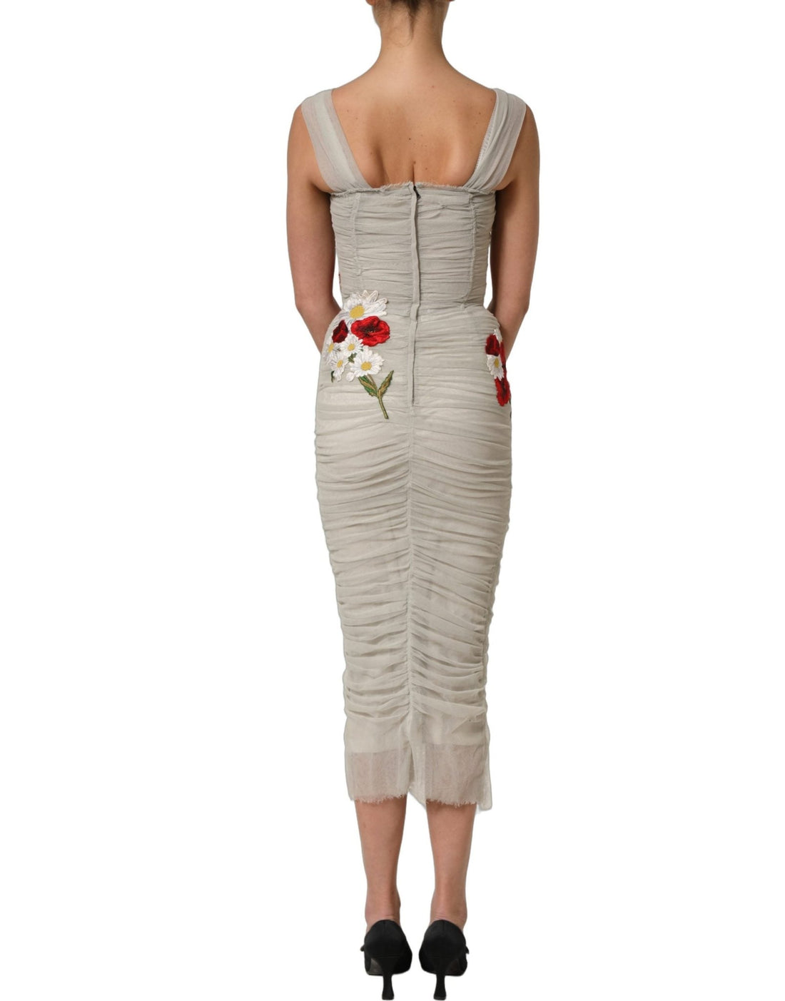 Dolce & Gabbana Light Gray Rose Embroidery Sheath Midi Dress - RIMODA