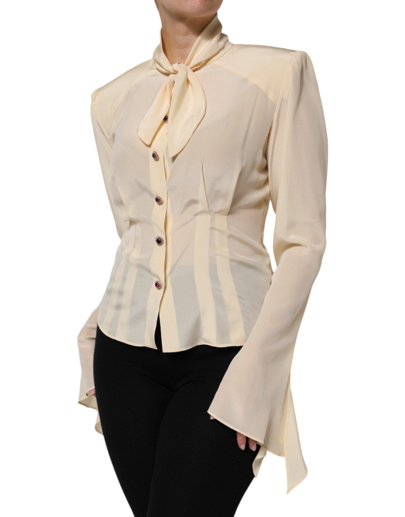 Dolce & Gabbana Light Yellow Silk Ascot Collared Blouse Top - RIMODA