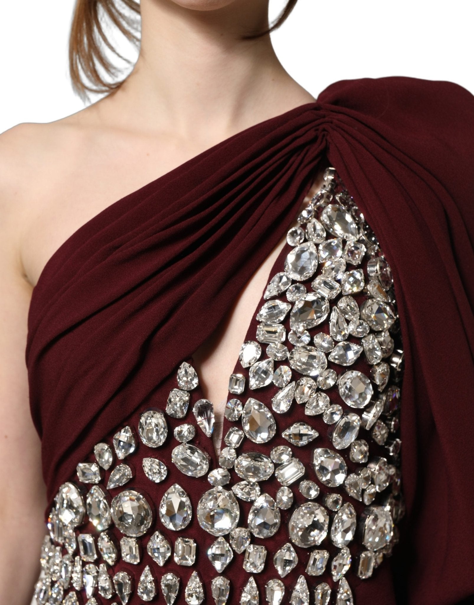 Dolce & Gabbana Maroon Crystal One Shoulder EveningGown Dress - RIMODA