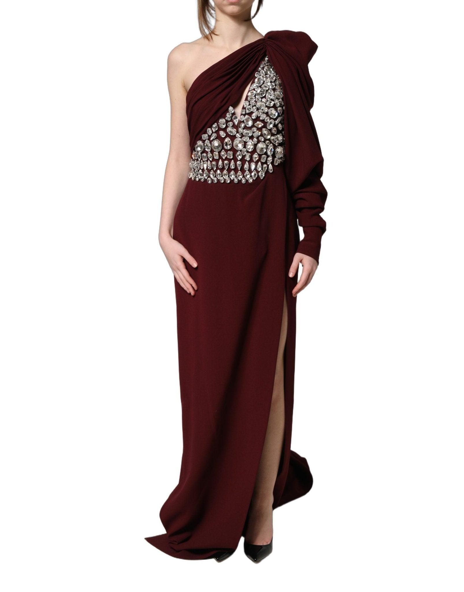Dolce & Gabbana Maroon Crystal One Shoulder EveningGown Dress - RIMODA