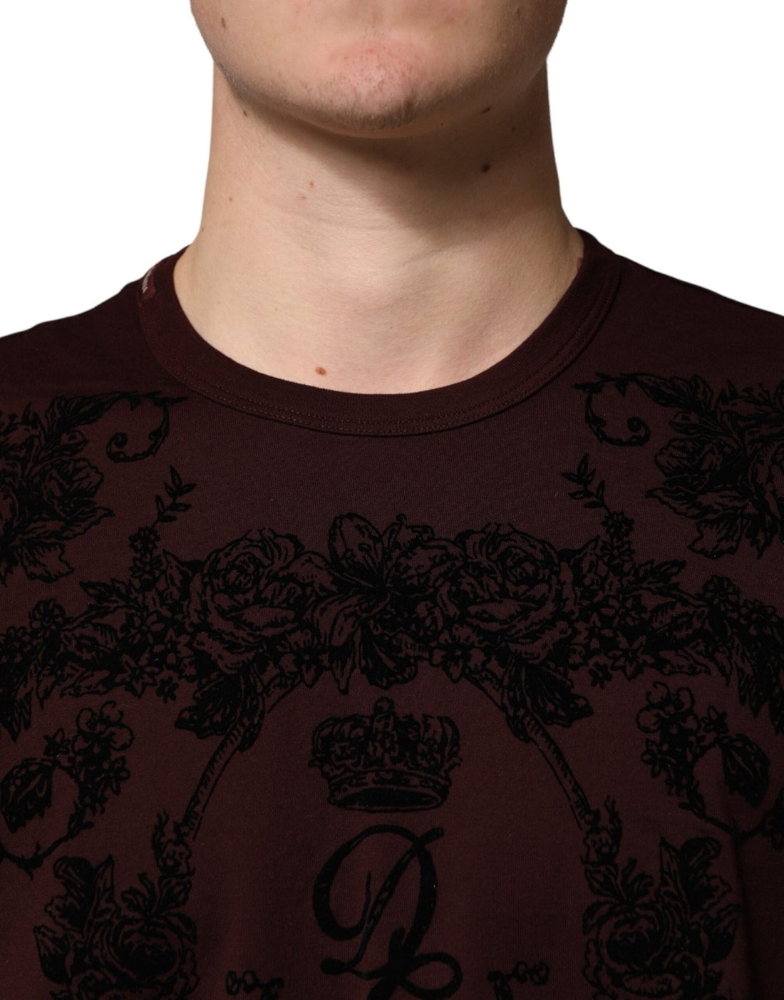 Dolce & Gabbana Maroon DG Crown Floral Crewneck Men T-shirt - RIMODA