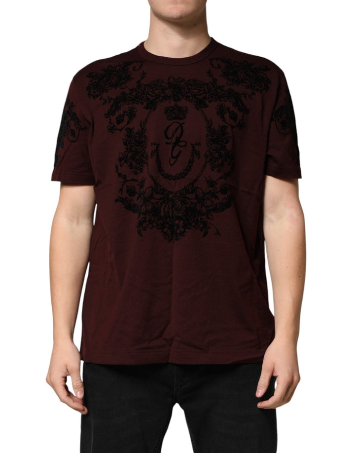 Dolce & Gabbana Maroon DG Crown Floral Crewneck Men T-shirt - RIMODA