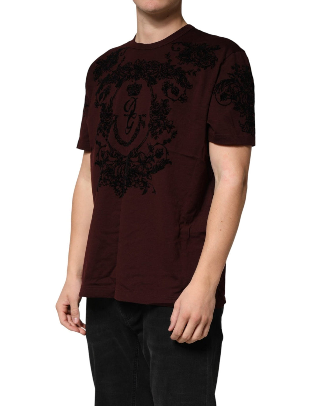 Dolce & Gabbana Maroon DG Crown Floral Crewneck Men T-shirt - RIMODA