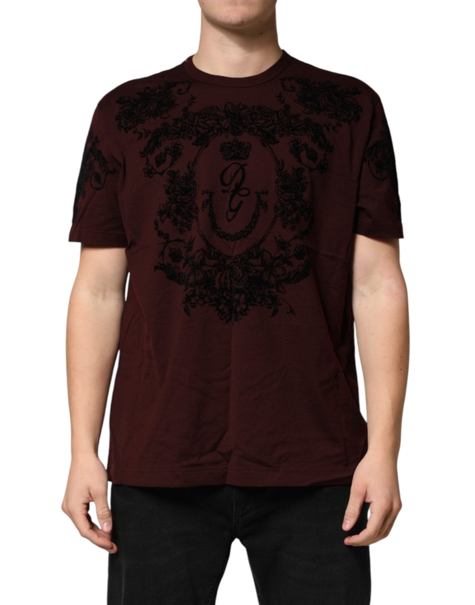 Dolce & Gabbana Maroon DG Crown Floral Crewneck Men T-shirt - RIMODA