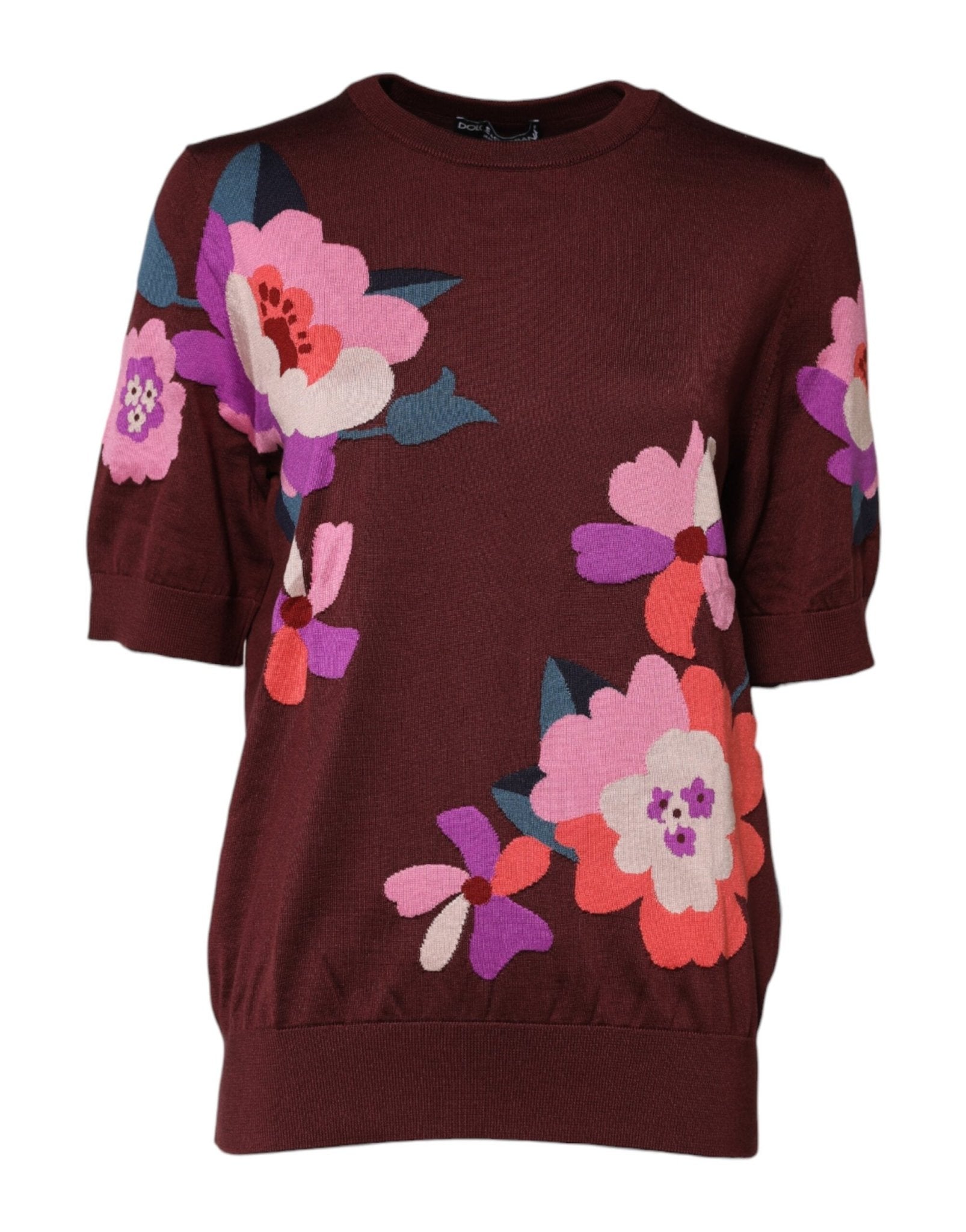Dolce & Gabbana Maroon Floral Silk Crew Neck Blouse Top - RIMODA