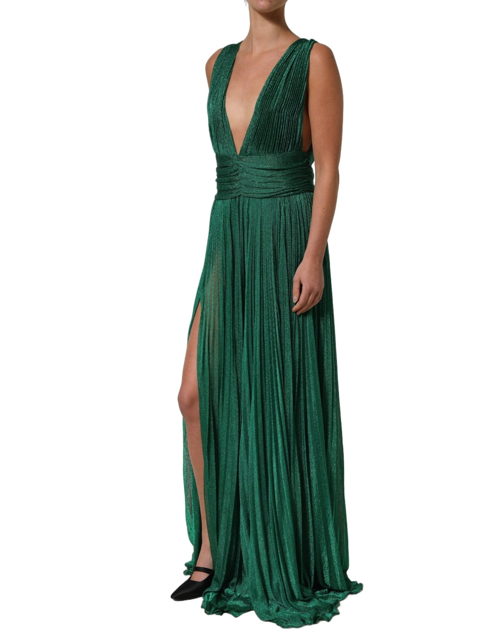 Dolce & Gabbana Metallic Green Sleeveless Plissé Gown Dress - RIMODA