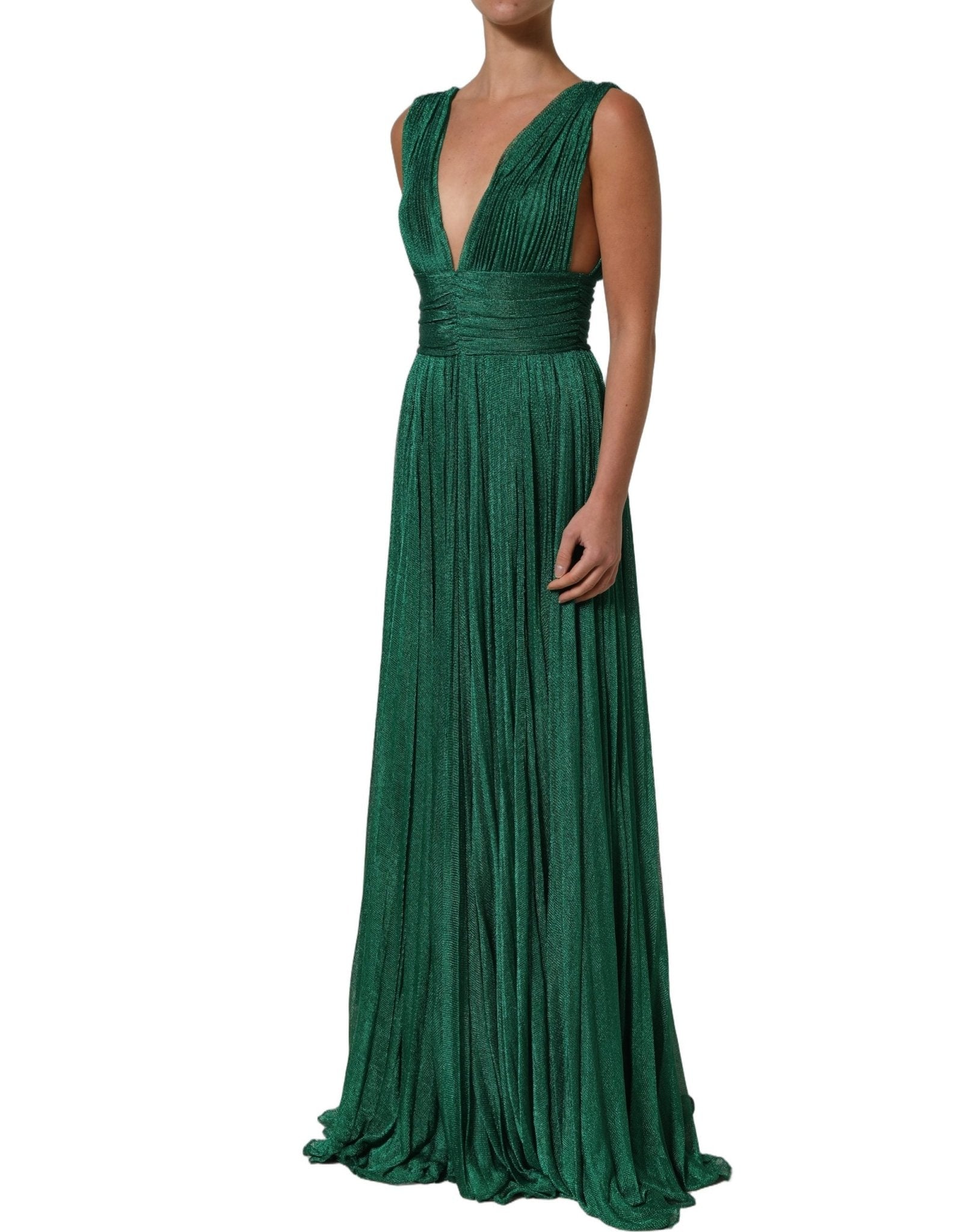 Dolce & Gabbana Metallic Green Sleeveless Plissé Gown Dress - RIMODA
