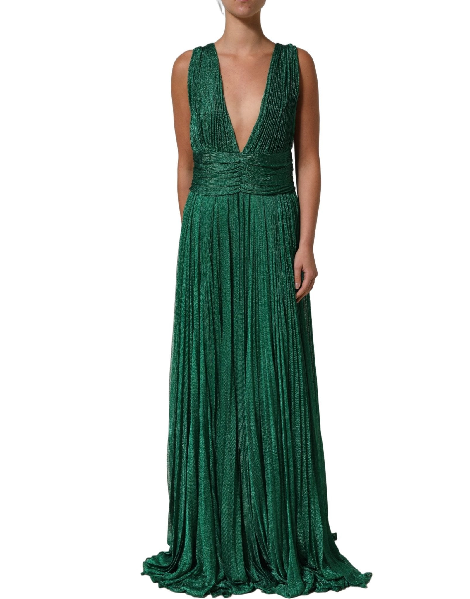 Dolce & Gabbana Metallic Green Sleeveless Plissé Gown Dress - RIMODA