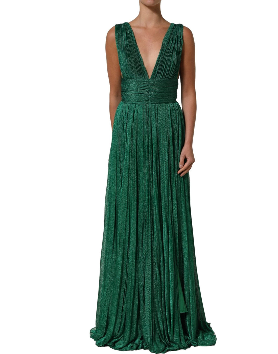 Dolce & Gabbana Metallic Green Sleeveless Plissé Gown Dress - RIMODA