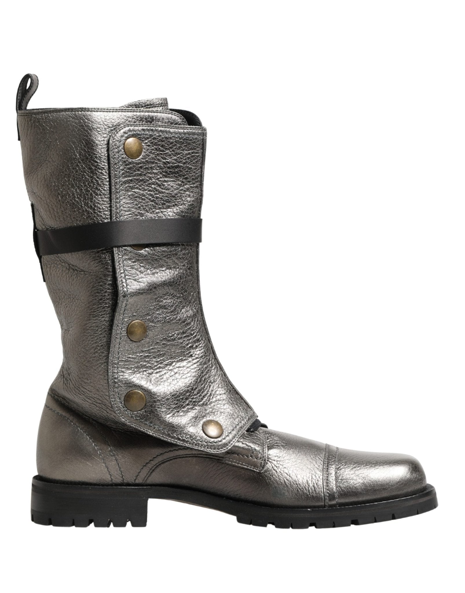 Dolce & Gabbana Metallic Silver Combat Biker Mid Calf Boots Shoes - RIMODA