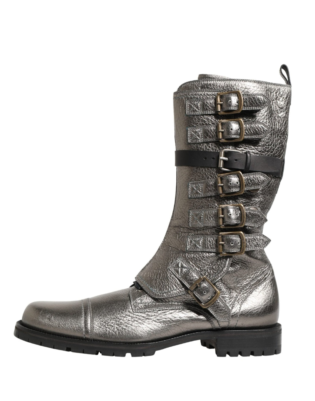 Dolce & Gabbana Metallic Silver Combat Biker Mid Calf Boots Shoes - RIMODA