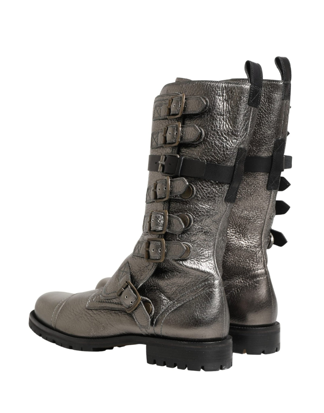 Dolce & Gabbana Metallic Silver Combat Biker Mid Calf Boots Shoes - RIMODA