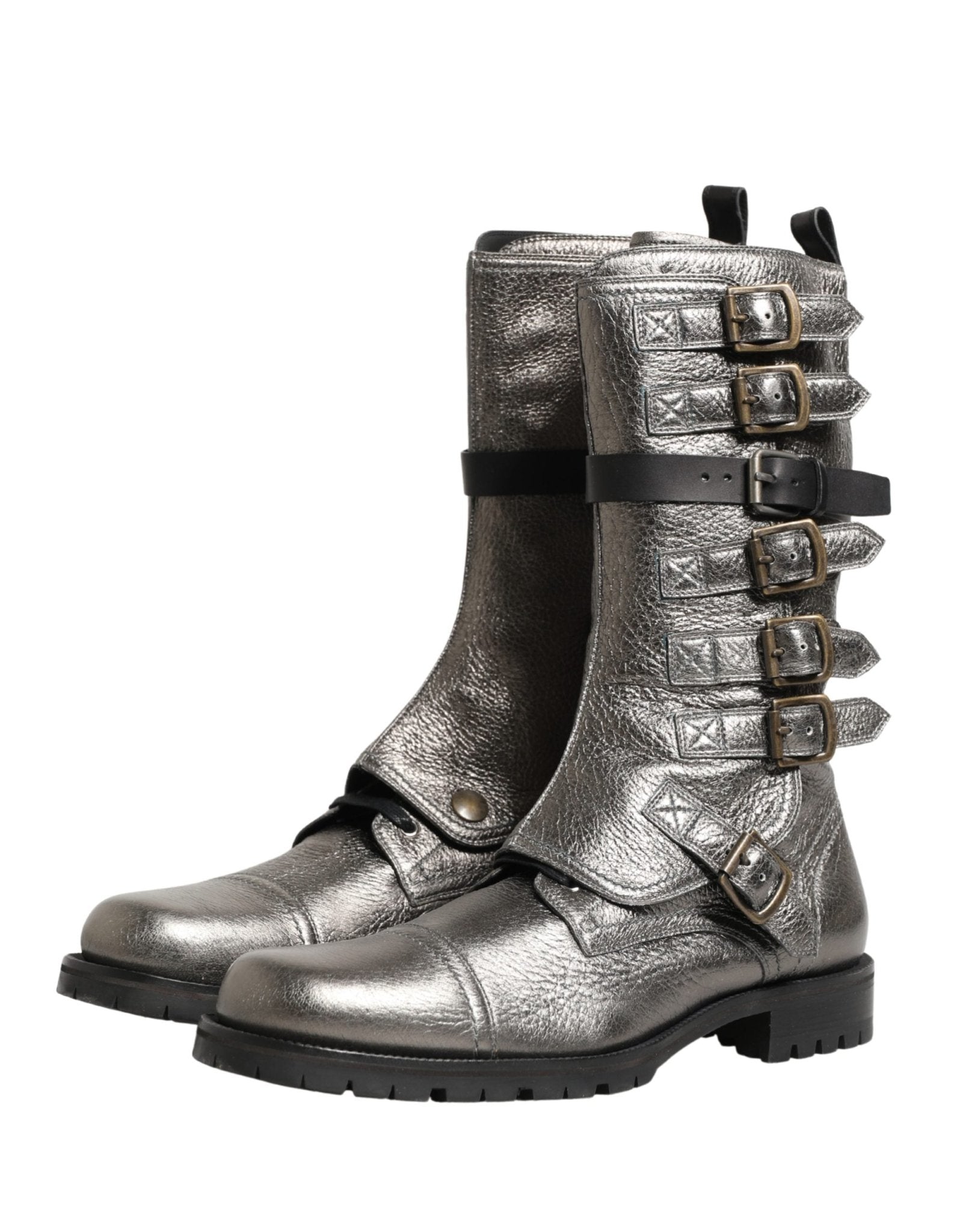 Dolce & Gabbana Metallic Silver Combat Biker Mid Calf Boots Shoes - RIMODA