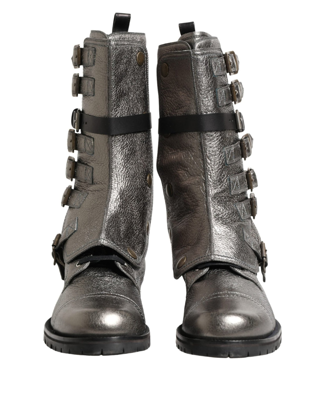 Dolce & Gabbana Metallic Silver Combat Biker Mid Calf Boots Shoes - RIMODA